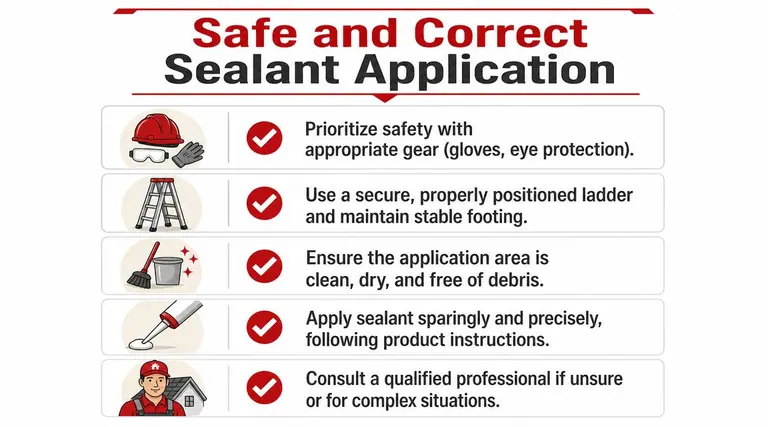 A safety infographic illustrating five essential steps for the correct and safe application of roof sealant.