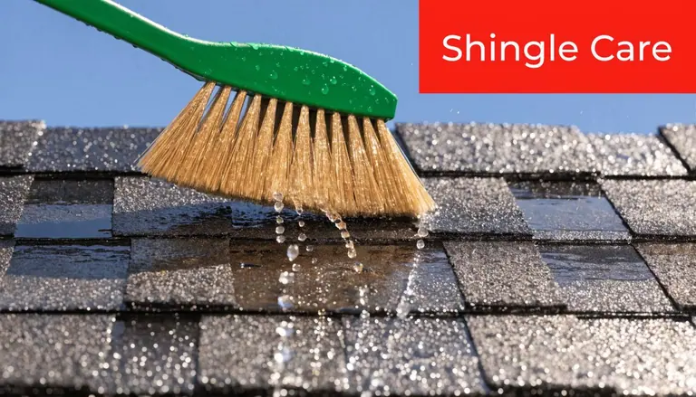 A green brush cleaning wet asphalt shingles on a roof under a bright blue sky.