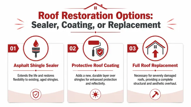 An infographic titled Roof Restoration Options detailing asphalt shingle sealer, protective roof coatings, and full roof replacement.
