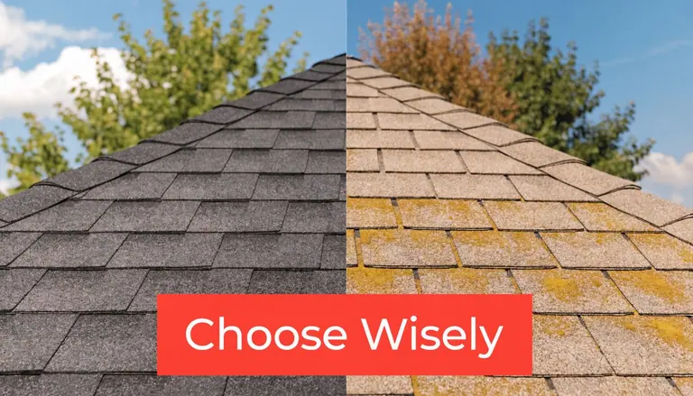 A split image showing a clean asphalt shingle roof beside a dirty, moss-covered roof surface.
