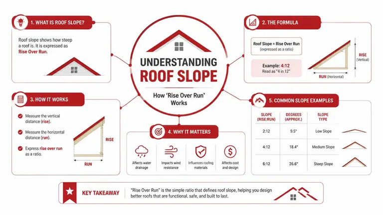 An infographic explaining how to calculate roof slope using the rise over run formula and its importance.