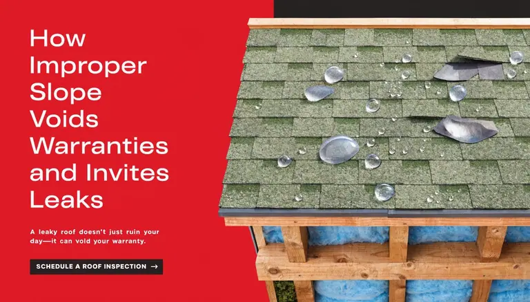A close-up view of a green shingled roof model with water droplets representing potential leaks and damage.