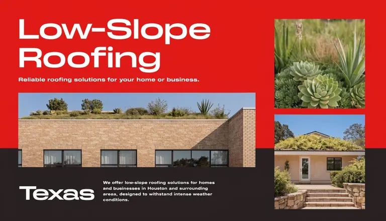 A professional roofing advertisement for low-slope roofing solutions on homes and businesses throughout the Houston area.