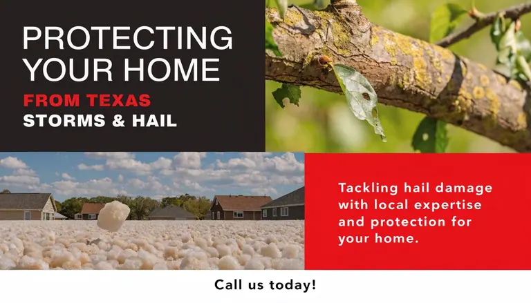 A professional advertisement promoting storm and hail damage repair services for homeowners in Texas.