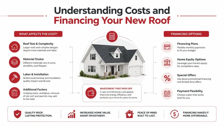 An infographic titled Understanding Costs and Financing Your New Roof, detailing cost factors and payment options.