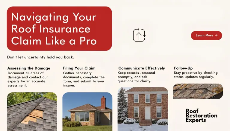 A guide on how to navigate roof insurance claims featuring steps for assessment, filing, communication, and follow-up.
