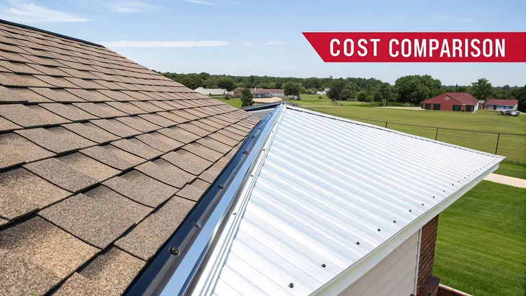 A detailed comparison of a roof showing both brown asphalt shingles and a silver metal roof.