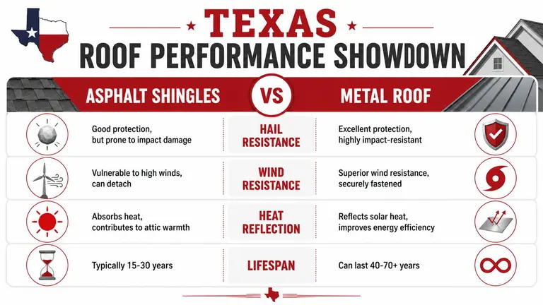 A comparison chart showing the performance differences between asphalt shingles and metal roofing in Texas climate conditions.