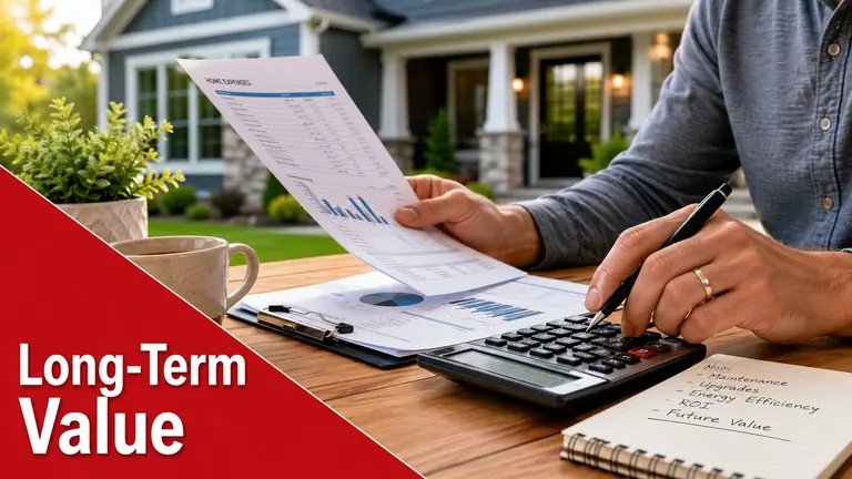 A person reviewing home expense financial documents with a calculator and notepad, focusing on long-term property value.