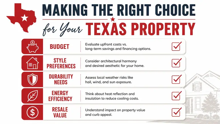 An infographic titled Making the Right Choice for Your Texas Property highlighting five key considerations for roofing.