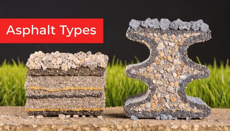 A cross-section view comparing a layered asphalt shingle roof piece and a thick asphalt paving block.