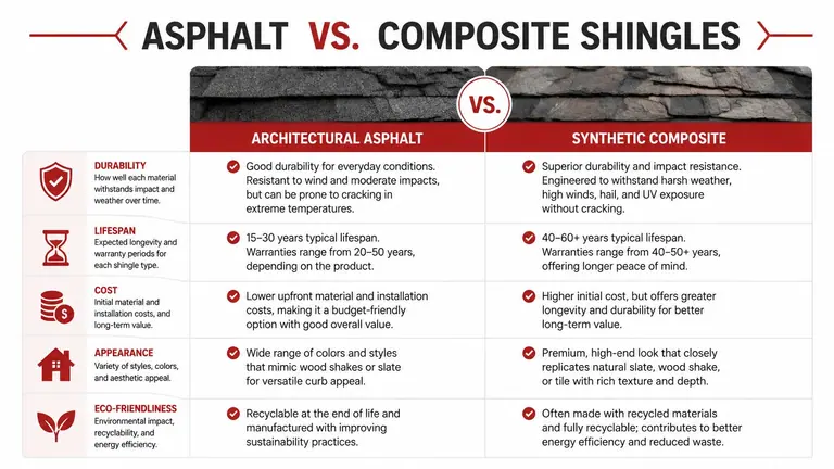 A comparison chart outlining the differences in durability, lifespan, cost, appearance, and eco-friendliness between architectural asphalt and synthetic composite shingles.