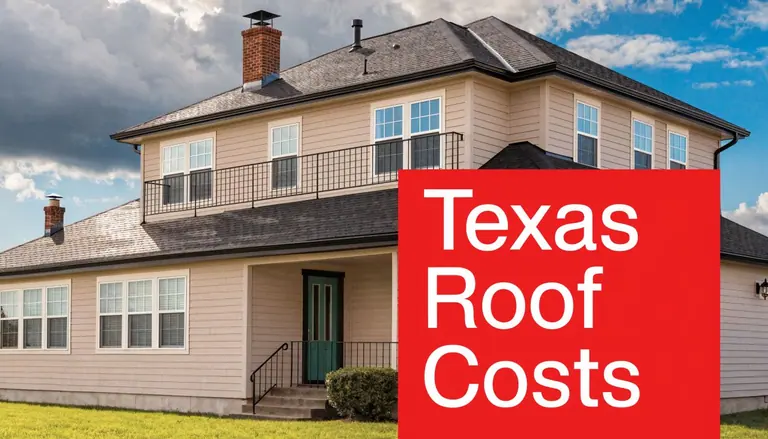 A two-story suburban house with a dark roof under a cloudy blue sky in Texas.