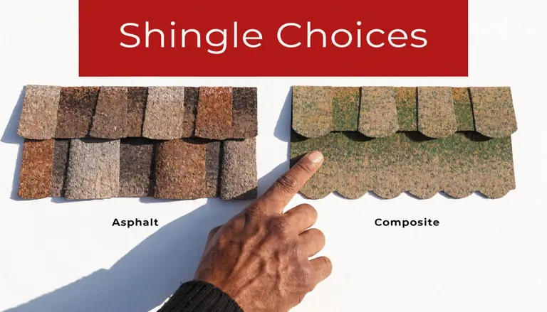 A hand points toward a green composite shingle next to a brown asphalt roof shingle sample.