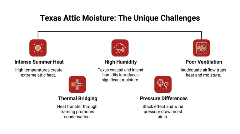 A diagram illustrating the unique causes of attic moisture issues specifically in Texas climate conditions.