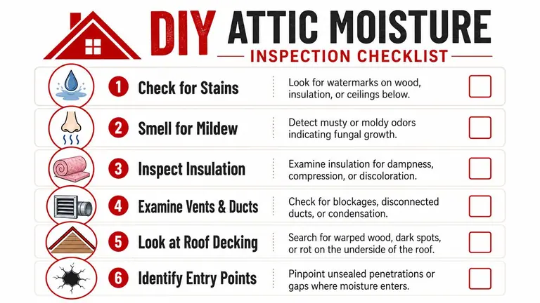 A DIY attic moisture inspection checklist featuring six numbered steps for identifying potential water damage and mold issues.