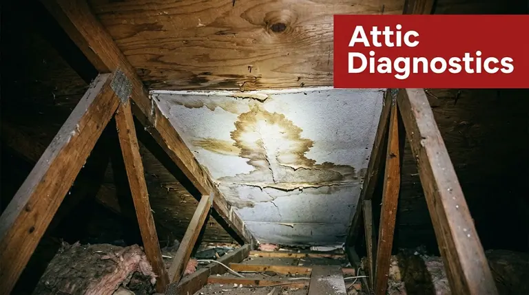 A dark attic space showing a water-damaged ceiling panel surrounded by wooden rafters and insulation.