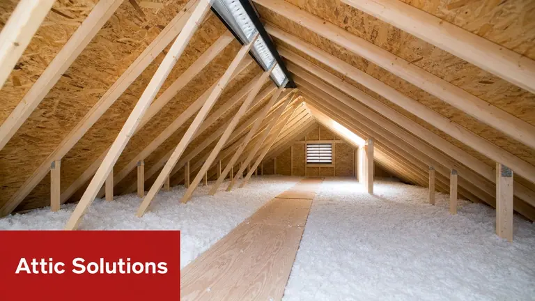 A clean, well-insulated attic with visible wooden trusses and a wooden walkway for attic maintenance access.