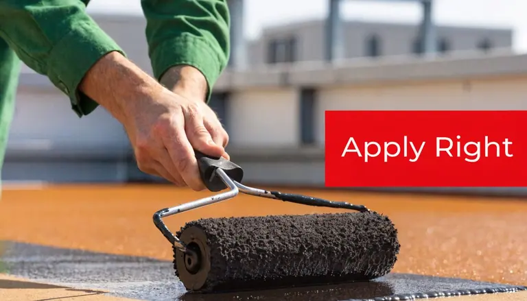 A worker uses a heavy-duty paint roller to apply black waterproof coating to a flat roof.