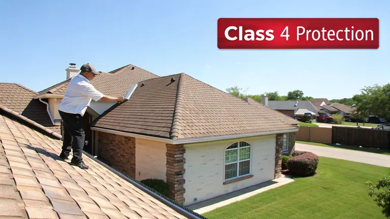 A professional inspector on a brown shingle roof, highlighting Class 4 protection.