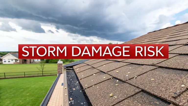 Roof with debris and gutters under a cloudy sky, displaying a 'STORM DAMAGE RISK' banner, highlighting potential weather issues.