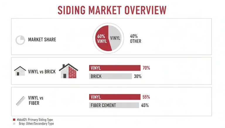 Infographic comparing vinyl siding market share with other types like brick and fiber cement, showing percentages.