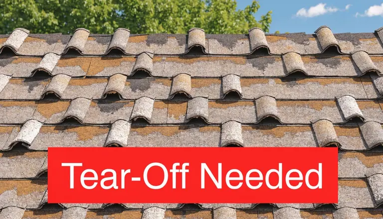 A weathered roof with damaged shingles featuring a red text overlay saying Tear-Off Needed.