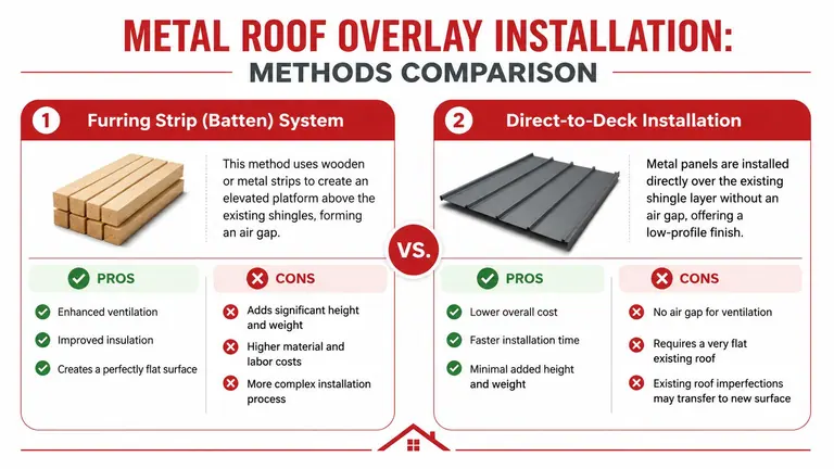 A comparison chart showing the pros and cons of furring strip versus direct-to-deck metal roof installation methods.