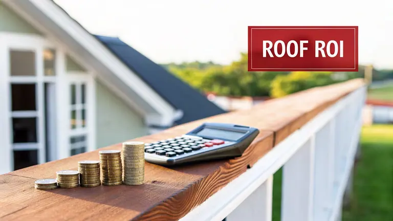 Stacks of coins and a calculator on a wooden deck railing, with 'ROOF ROI' text in red box.