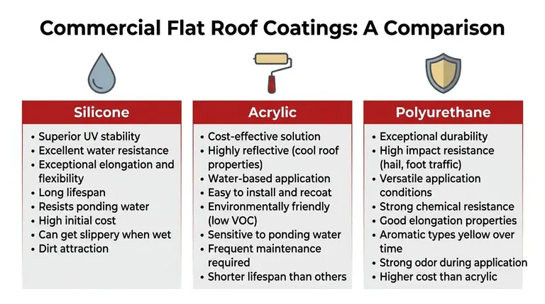 A comparison chart outlining the pros and cons of silicone, acrylic, and polyurethane commercial flat roof coatings.