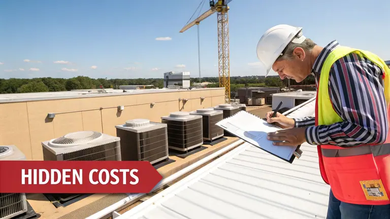 A construction worker in a hard hat inspects HVAC units on a commercial rooftop, writing notes on a clipboard.