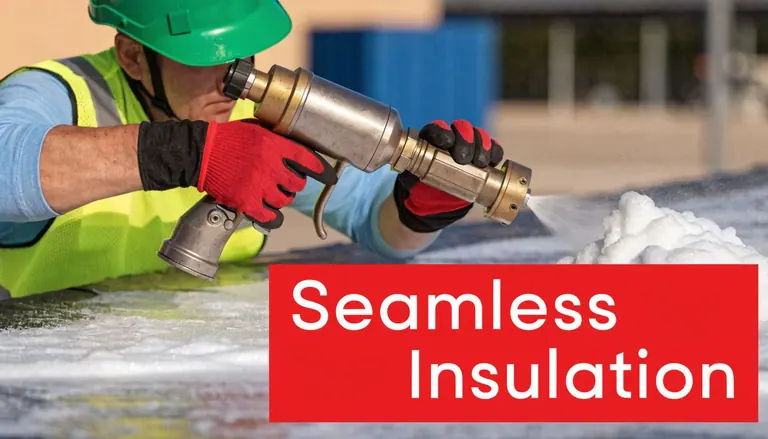 A construction worker in a hard hat applying spray foam insulation to a commercial roof surface.