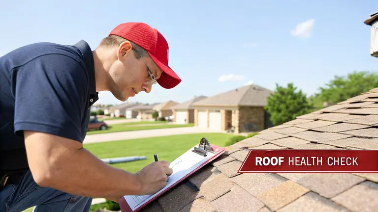 A man in a red cap on a shingled roof, writing on a clipboard during a roof health check.