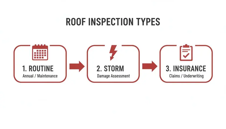 Diagram illustrating three roof inspection types: Routine, Storm, and Insurance, with relevant icons.