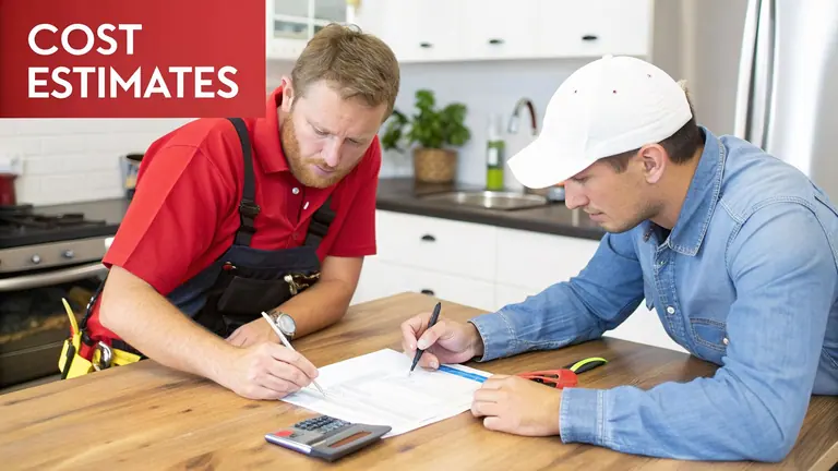 Two men reviewing cost estimates on paper at a kitchen table with a calculator.
