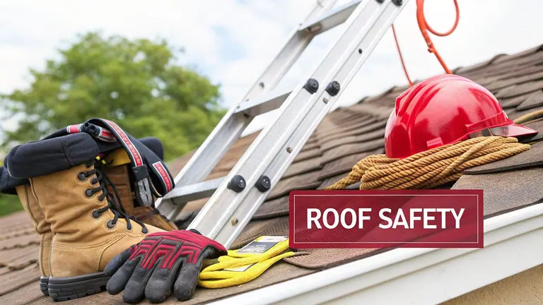 Essential roof safety gear: work boots, gloves, ladder, hard hat, and rope on a shingled roof.