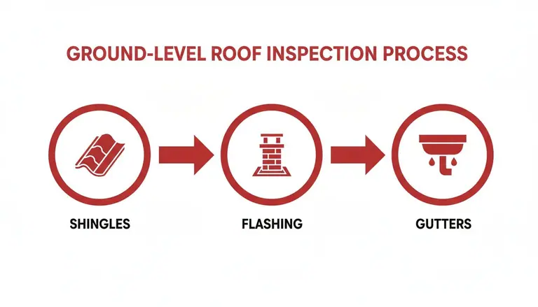 Diagram illustrating the ground-level roof inspection process, focusing on shingles, flashing, and gutters.