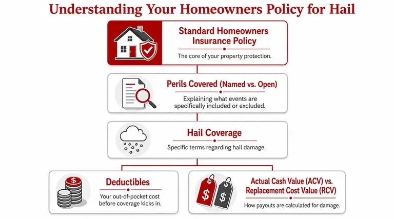 A flowchart explaining key components of homeowners insurance policies specifically regarding hail damage coverage and payouts.