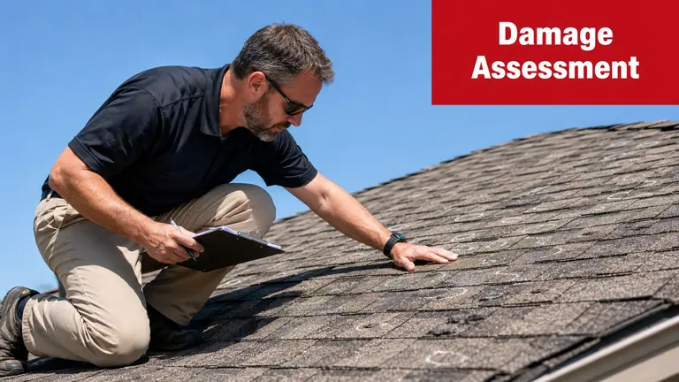 An insurance adjuster inspecting a damaged residential shingle roof marked with circles after a hail storm.