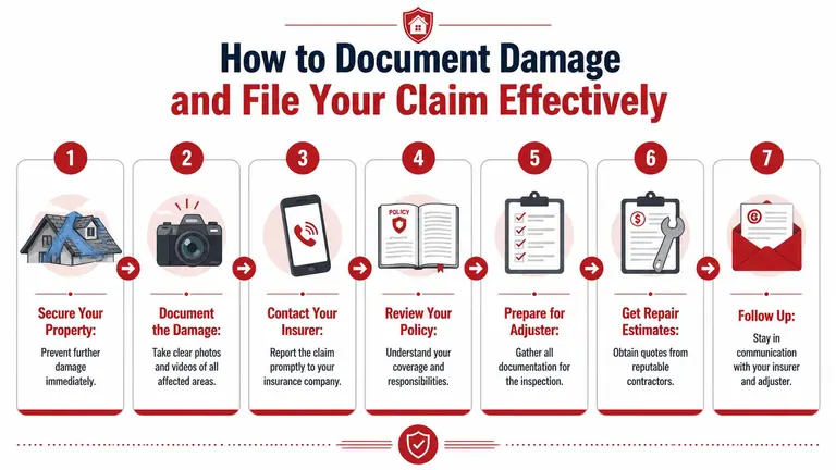 An infographic illustrating a seven-step guide on how to document property damage and file insurance claims effectively.