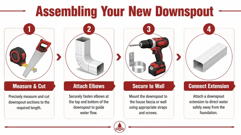 A four-step guide illustrating how to measure, cut, attach, and secure a residential home downspout system.