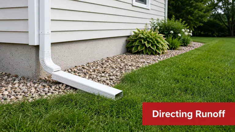A white gutter downspout extension directing rainwater away from the foundation of a residential house exterior.