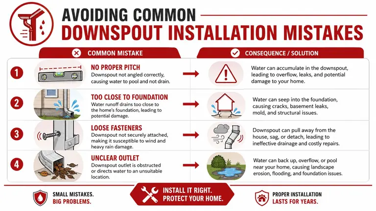 An infographic showing four common downspout installation mistakes and their potential consequences for your home.