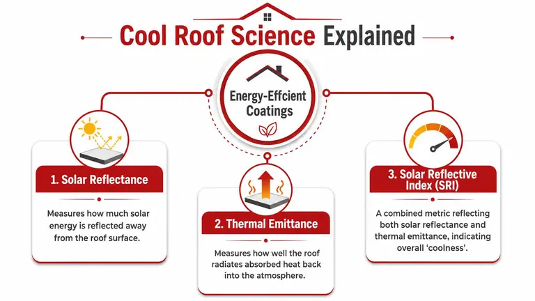 An infographic explaining the science behind energy efficient roof coatings using solar reflectance, thermal emittance, and SRI.