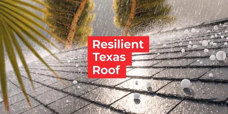 Hail falling on dark faux slate roofing tiles during a storm with trees in the background.