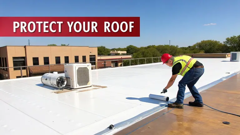 A worker installs a new white flat roof coating, protecting a commercial building on a sunny day.