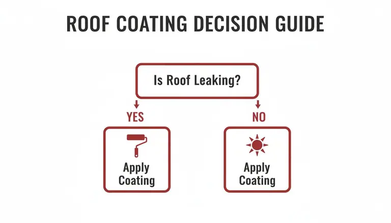 A roof coating decision guide flowchart, indicating to apply coating whether the roof is leaking or not.