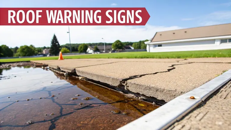 Close-up of cracked concrete slabs next to a muddy puddle, with a 'ROOF WARNING SIGNS' banner.