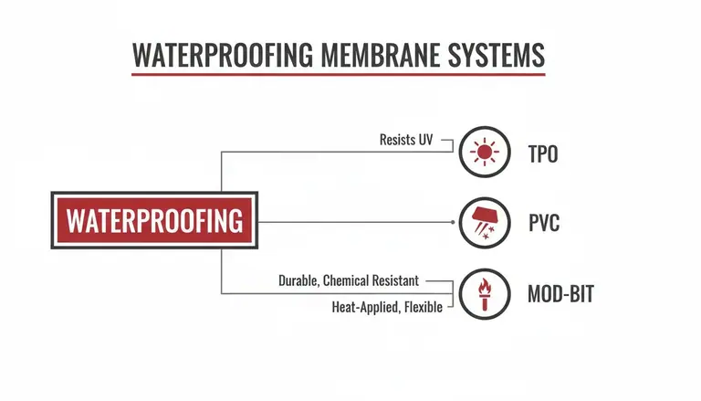 A diagram illustrating waterproofing membrane systems, featuring TPO (resists UV), PVC, and MOD-BIT (durable, heat-applied).