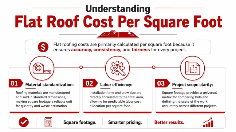 An infographic explaining why flat roofing costs are calculated per square foot for accuracy and efficiency.